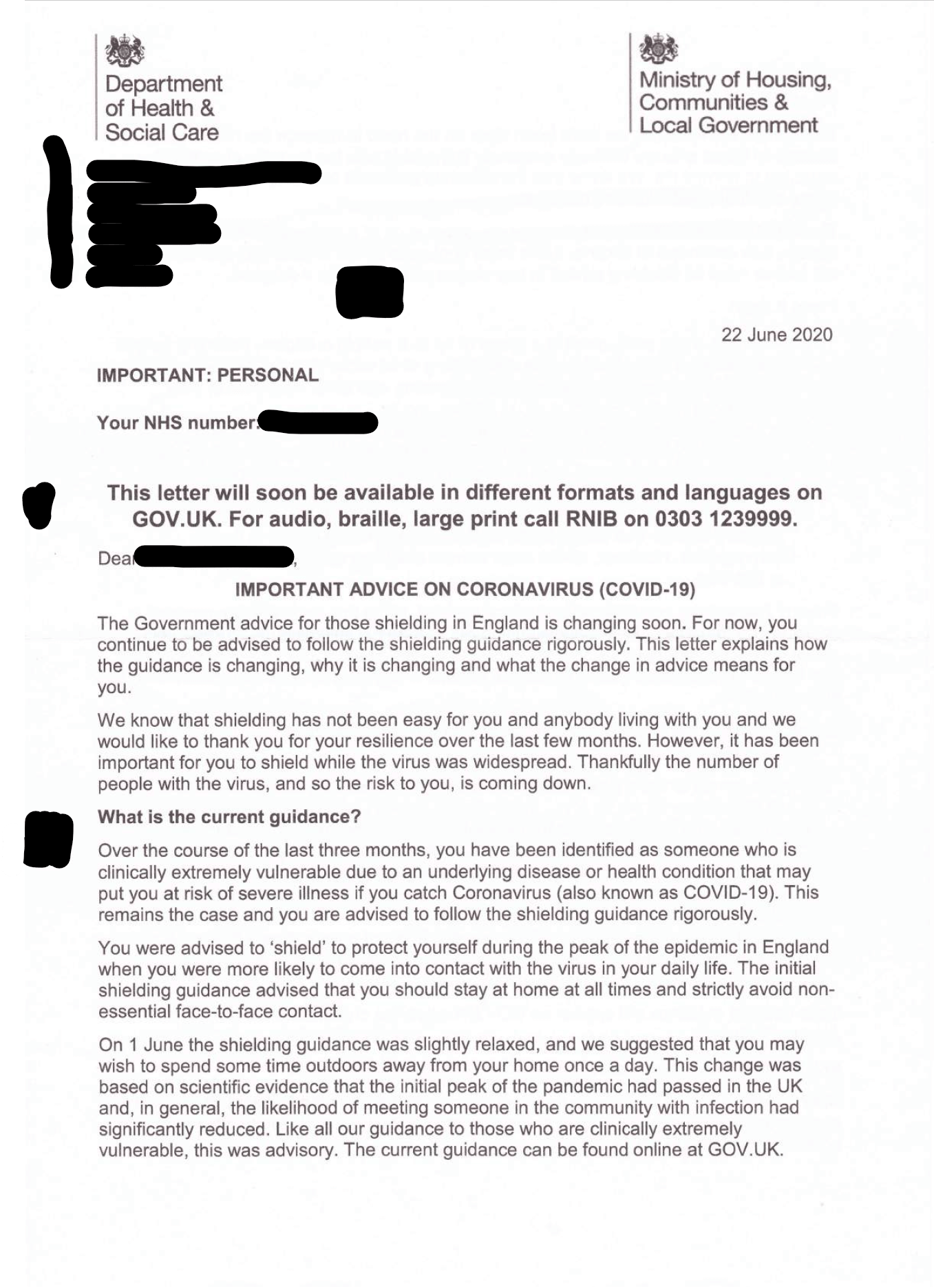 Govt 22nd June shielding letter